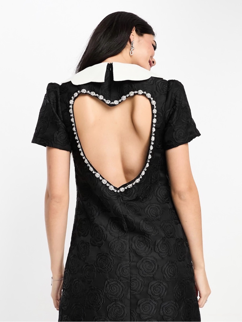 Sister Jane Black Mini Dress with White Collar & Crystal Heart Back cut out sz M
